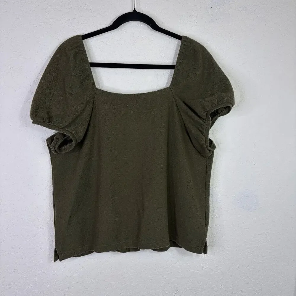 Madewell Jacquard square-neck puff sleeve top Green Size L, button front, casual
